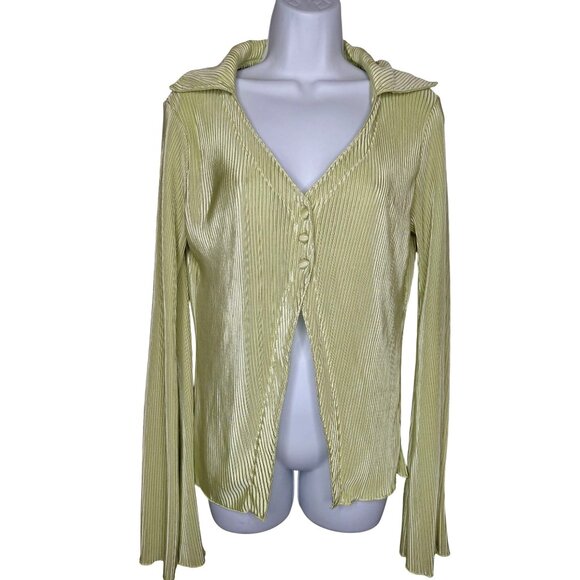 Lyaner Womens Ribbed Long Sleeve Button-Up Top L Polyester/Spandex Green - Picture 1 of 10